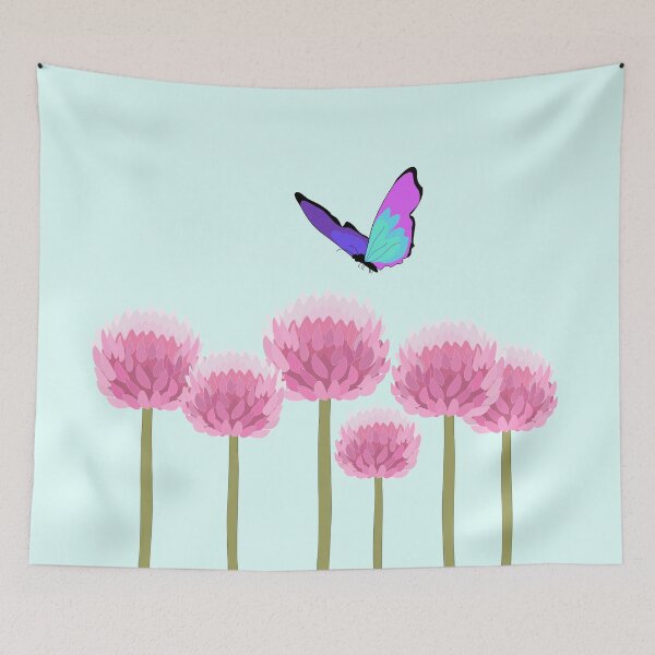 Item preview, Blue purple butterfly over pink allium flowers designed and sold by orangerinka.