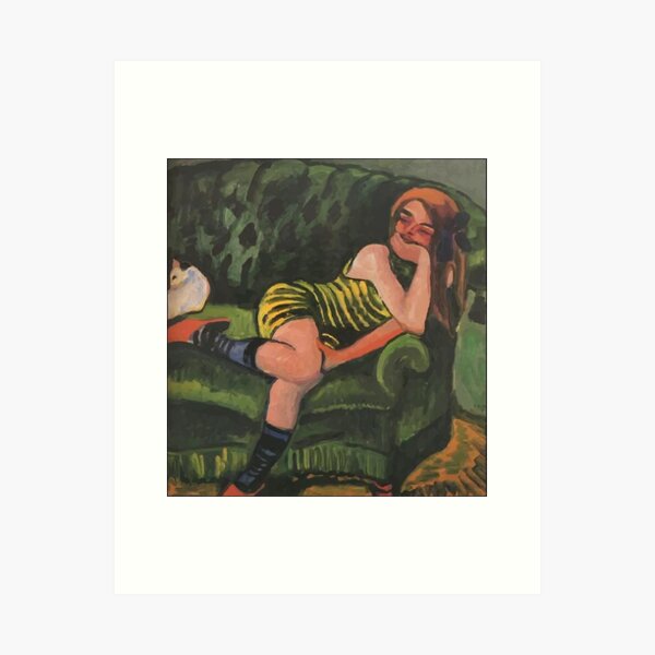 Girl on a green sofa with a cat Art Print