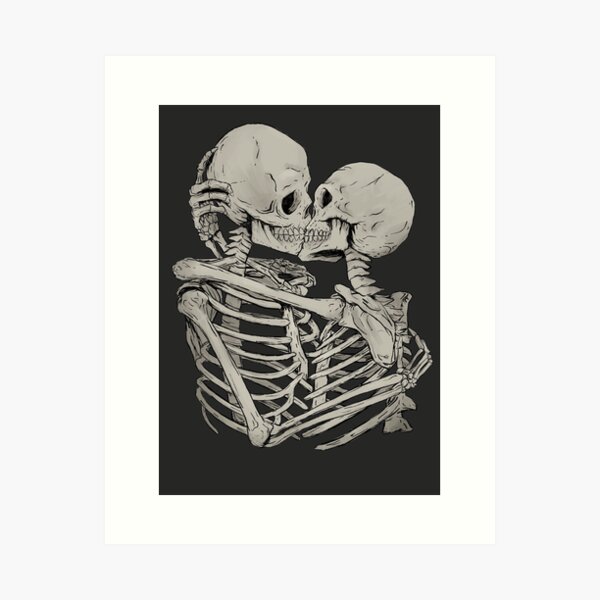 Skeleton Kiss (Grey Background) Art Print