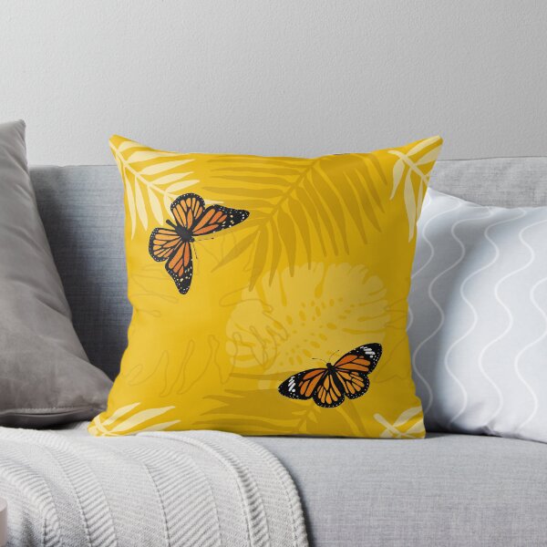 Tropical Mustard Palm Leaves and Butterflies Throw Pillow