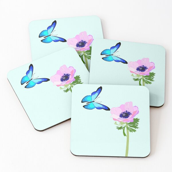 Item preview, Blue butterfly over light pink anemone flower designed and sold by orangerinka.