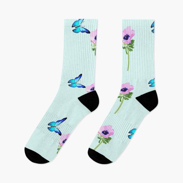 Item preview, Blue butterfly over light pink anemone flower designed and sold by orangerinka.