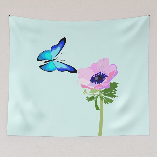 Item preview, Blue butterfly over light pink anemone flower designed and sold by orangerinka.