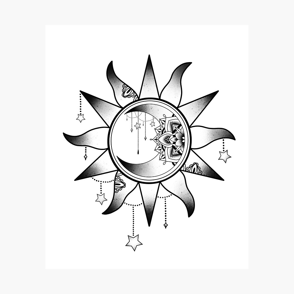 Drawing Zentangle Mandala Sun Moon Blackandwhite  Mond Und Sonne Tattoo  Vorlagen  363x348 PNG Download  PNGkit