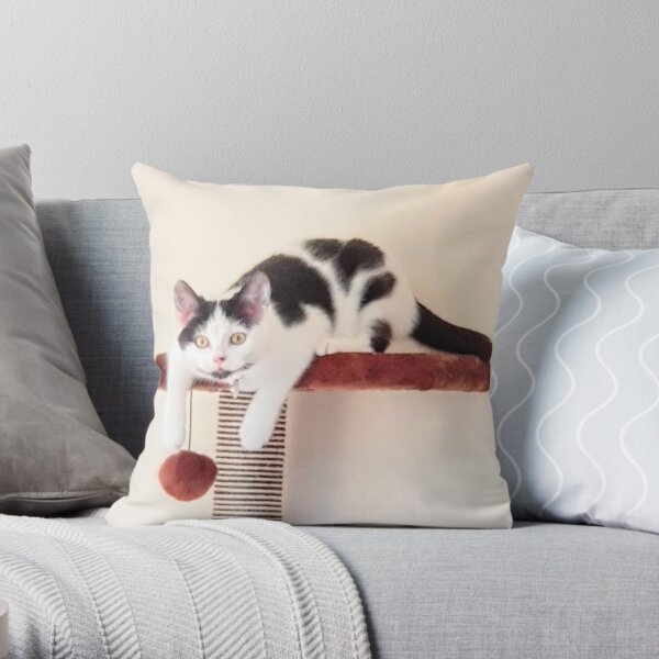 Black and White Cat Playing Throw Pillow
