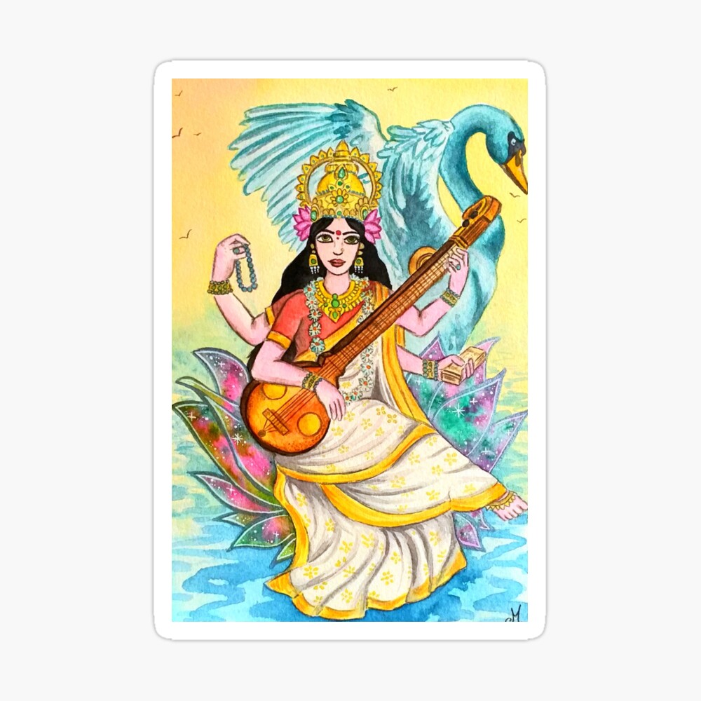 Saraswati Maa Golden Art Work Colour Photo Print in Golden Wall  Hanging/table Top Frame 7.50 X 9.50 Inch OR 19.05 X 24.13 Cm - Etsy