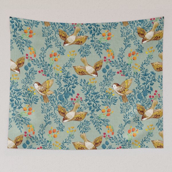 Item preview, Birdsong Meadow Flying Birds Foliage Flowers Eggshell Blue designed and sold by Cecilia Mok.