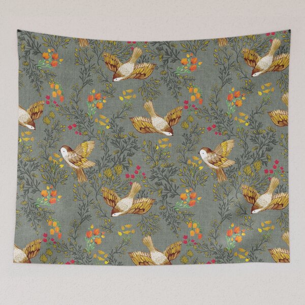Item preview, Birdsong Meadow Flying Birds Foliage Flowers Smoke Grey designed and sold by Cecilia Mok.