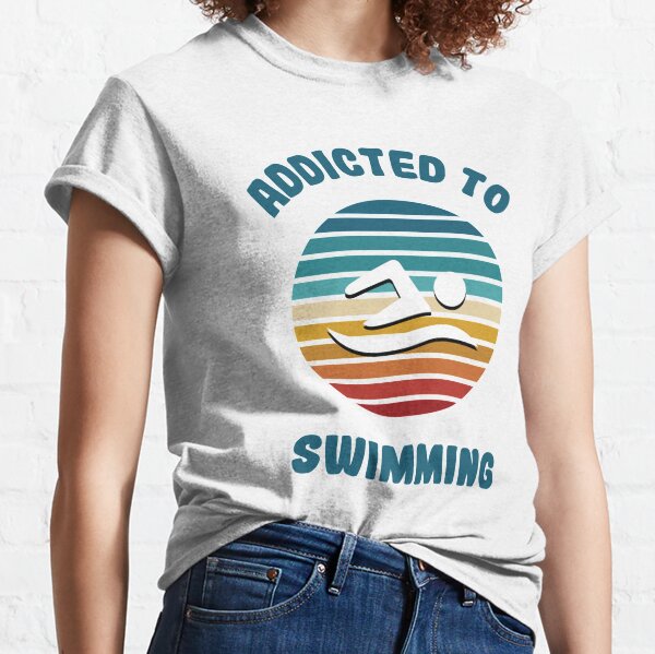 Swimming, Swimmer or Swim Themed, Groovy Retro Wavy Text Merch Gift, White  T-Shirt, Medium