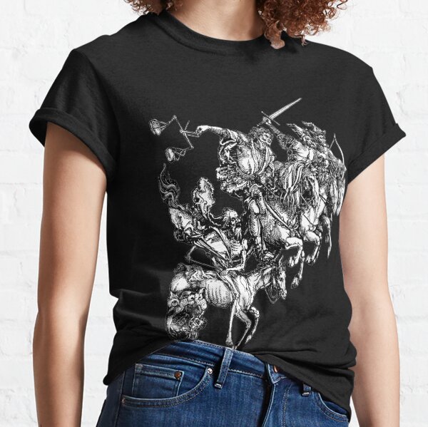 Apocalypse. Durer, Four Horsemen of the Apocalypse, Revenge, Biblical, Prophesy, White on Black. Classic T-Shirt
