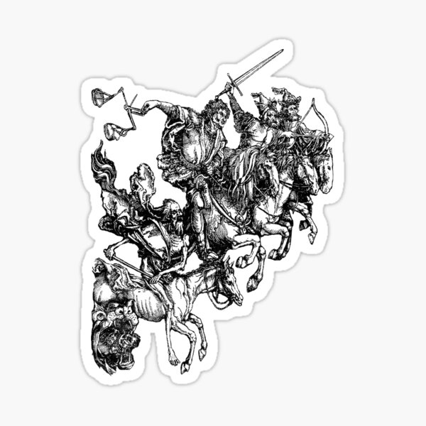 Apocalypse. Durer, Four Horsemen of the Apocalypse, Revenge, Biblical, Prophesy, White on Black. Sticker
