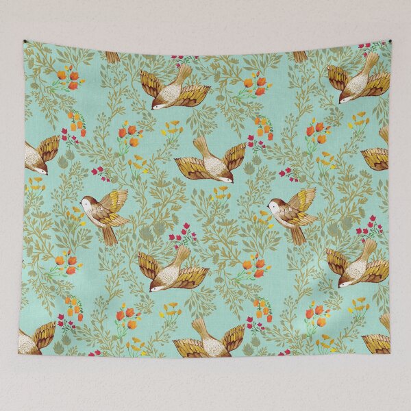 Item preview, Birdsong Meadow Flying Birds Foliage Flowers Sky Blue designed and sold by Cecilia Mok.