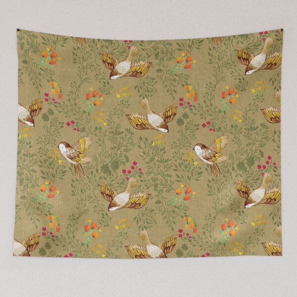 Item preview, Birdsong Meadow Flying Birds Foliage Flowers Golden Sand Linen designed and sold by Cecilia Mok.