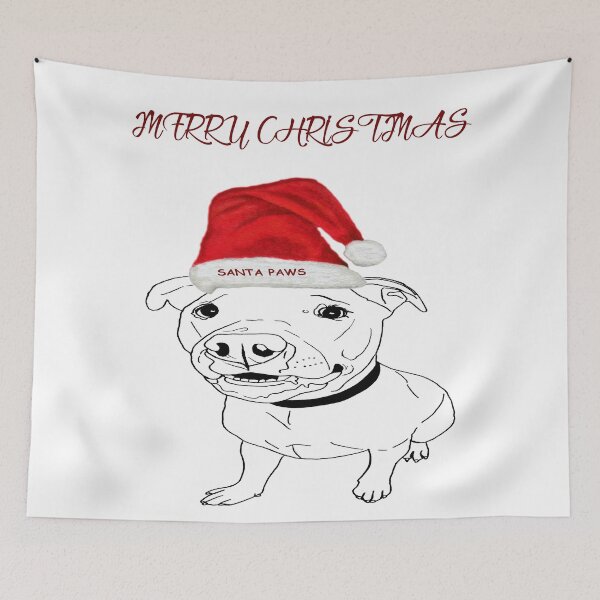 Item preview, Festive American Bulldog Merry Christmas with Santa Paws Hat designed and sold by IslesArt.
