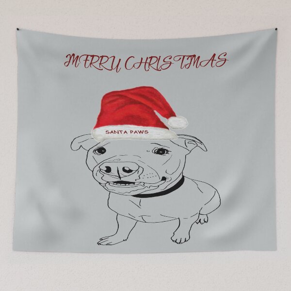 Item preview, Festive American Bulldog Merry Christmas with Santa Paws Hat designed and sold by IslesArt.