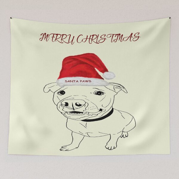 Item preview, Festive American Bulldog Merry Christmas with Santa Paws Hat designed and sold by IslesArt.