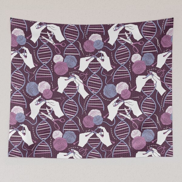 Item preview, Knitting DNA // dark purple background indigo blue and pink wool balls and knit details designed and sold by SelmaCardoso.