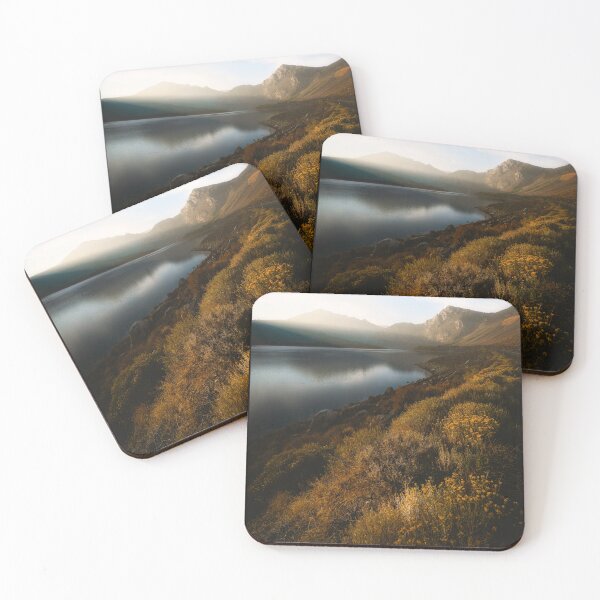 Item preview, Golden Scrubland, Lake, Mountains and Sky designed and sold by The Mysterious Domain Alyne Whiteswan Fine Art Prints and Merch.