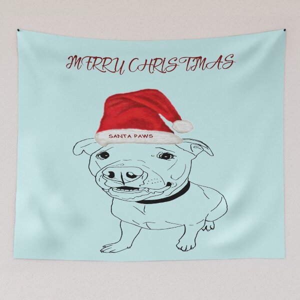 Item preview, Festive American Bulldog Merry Christmas with Santa Paws Hat designed and sold by IslesArt.