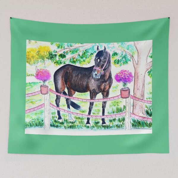 Item preview, Horse in blossom yard watercolor painting designed and sold by horseaddicted.