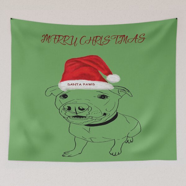 Item preview, Festive American Bulldog Merry Christmas with Santa Paws Hat designed and sold by IslesArt.