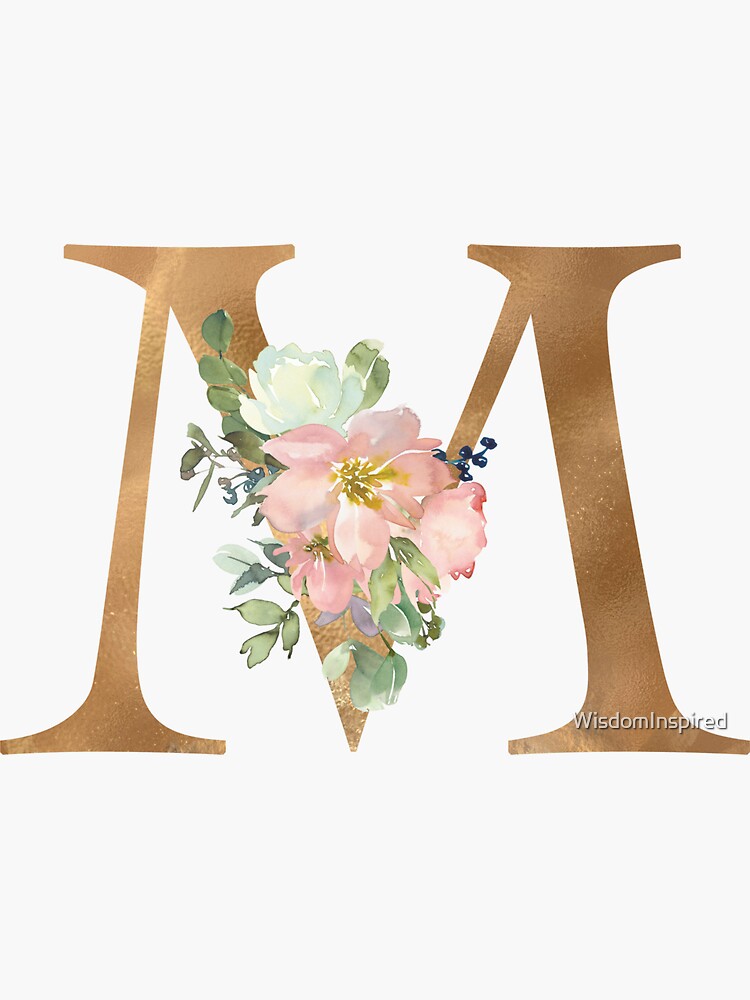 Feminine Faux Gold Foil Floral Letter M Monogram Square Sticker