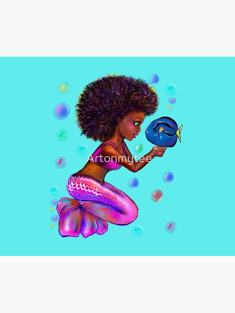 Best mermaid gifts 2022. anime black and white mermaids with blue tang fish  and bubbles. Pretty black and white girls with Afro hair, green eyes,  Cherry pink lips and dark brown skin.