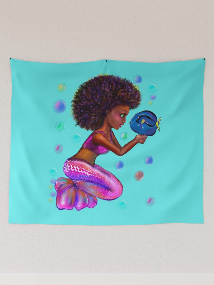 Black anime mermaid with blue tang fish and bubbles. Pretty black