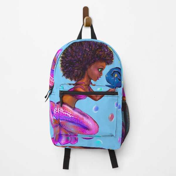Item preview, Mermaid with blue tang fish and bubbles. Pretty black girl with Afro hair and dark brown skin designed and sold by Artonmytee.