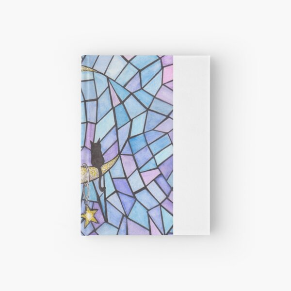"Moonplay", Silhouette of cats hanging on a crescent moon, ink/watercolor pencils. Hardcover Journal