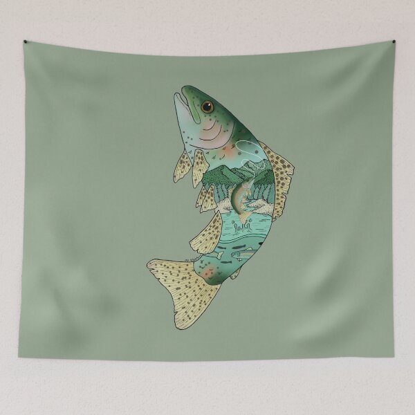 Item preview, Leaping trout containing scene of trout river  designed and sold by OwenJaneArt.