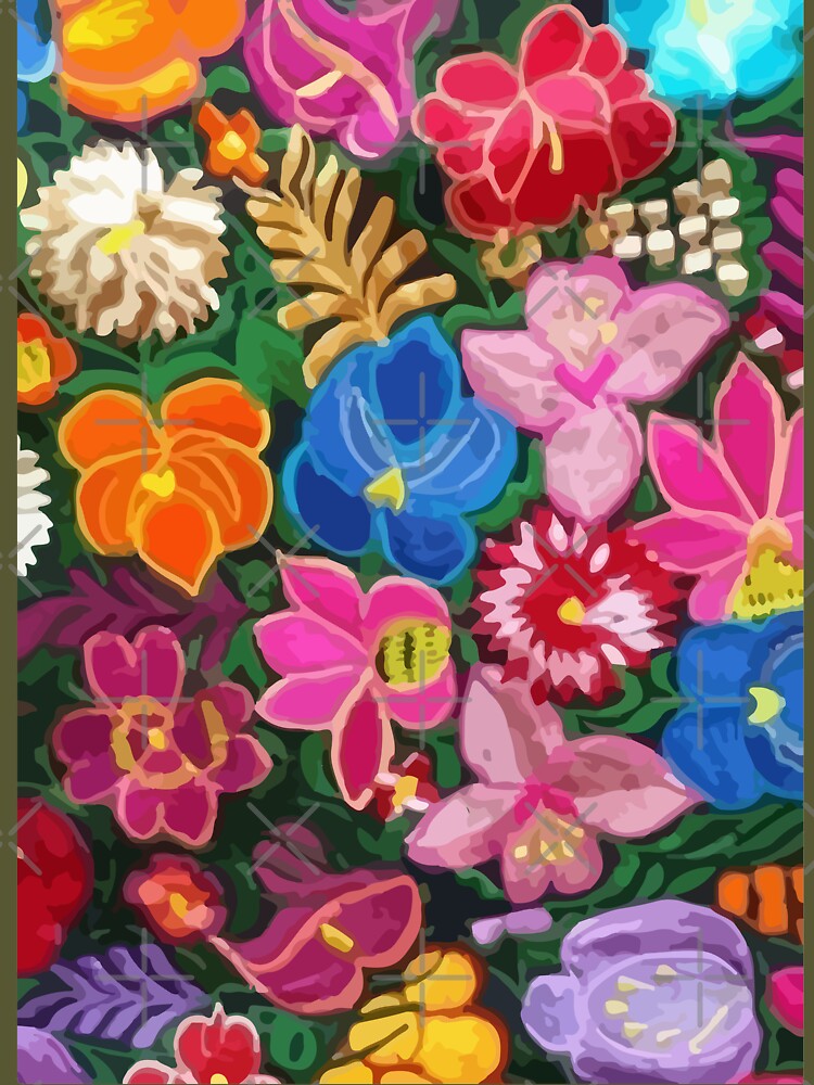 Oaxaca colorful flowers mexican style blue embroidery Poster by T-Mex