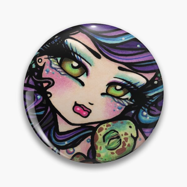 Mermaid with Purple Hair and Turtle Friend Whimsical Fantasy Art Pin