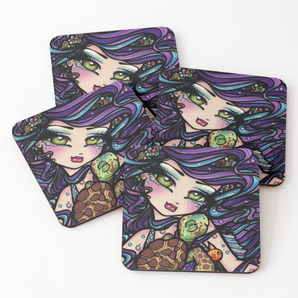 Item preview, Mermaid with Purple Hair and Turtle Friend Whimsical Fantasy Art designed and sold by hannahlynnart.