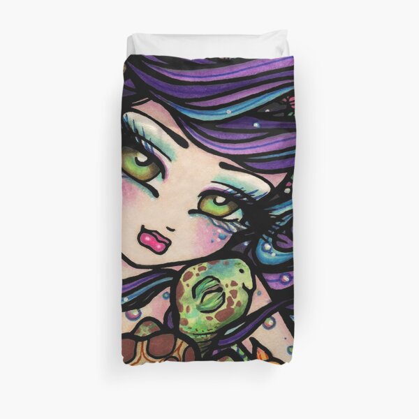Mermaid with Purple Hair and Turtle Friend Whimsical Fantasy Art Duvet Cover