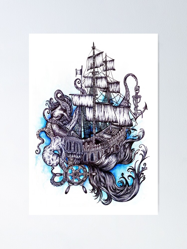 Octopus a Ship and a Frigate Anchored Outline Sketch of a Tattoo  Monochrome Illustration for Design Tshirts and Other Items Stock  Illustration  Illustration of outline frigate 126630366
