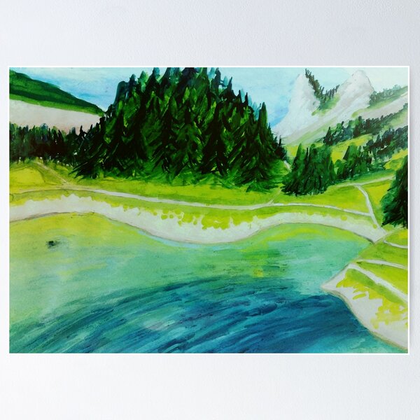 Item preview, Landscape gouache painting turquoise lake designed and sold by horseaddicted.