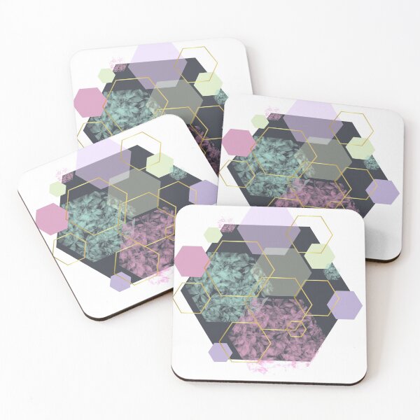 Item preview, Abstract pastel pink, green, purple, grey and gold geometric hexagons  designed and sold by Lilith-Designs.