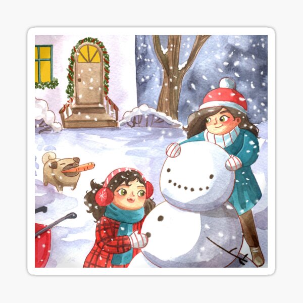 Mom, Daughter, and Family Dog Build a Snowman Sticker