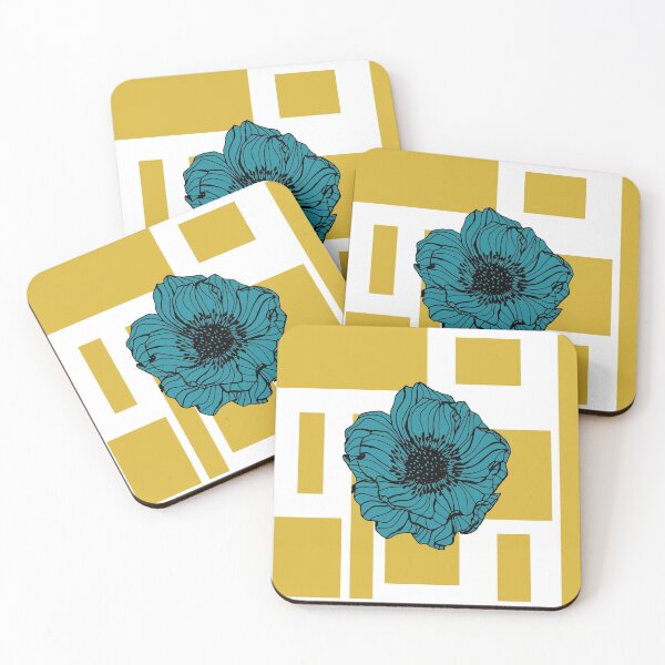 Item preview, Cuadrados de color amarillo mostaza contemporáneos con ilustración de diseño digital de anémona azul marino designed and sold by Lilith-Designs.