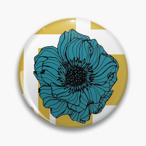 Artikelvorschau, Zeitgenössische senfgelbe Quadrate mit digitaler Designillustration der dunkelblauen Anemone entworfen und verkauft von Lilith-Designs.