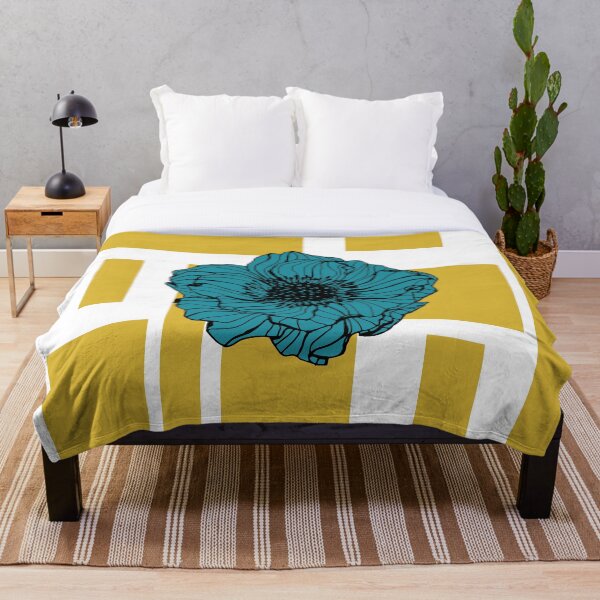 Item preview, Contemporary mustard yellow squares with navy blue anemone digital design illustration  designed and sold by Lilith-Designs.