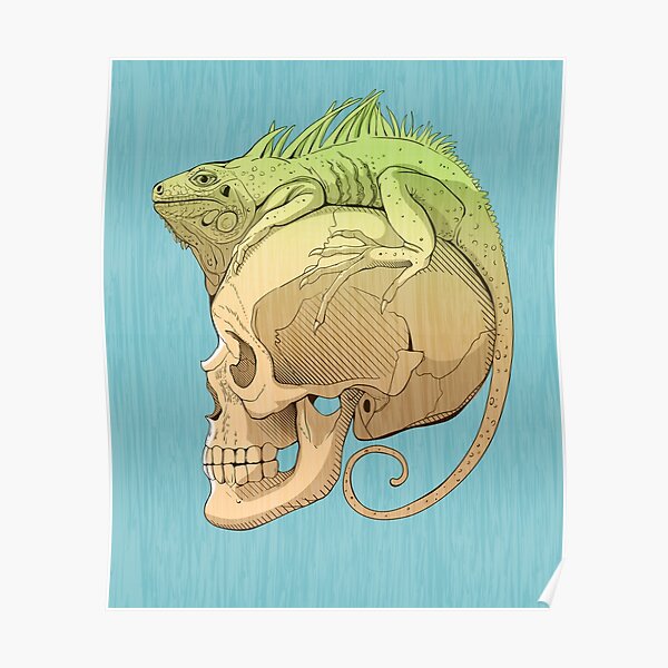 colorful illustration with iguana and skull Poster