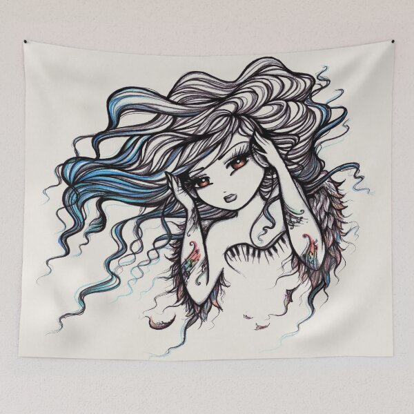 Item preview, Tattooed Musical Angel Greyscale With a Pop of Color Fantasy Art designed and sold by hannahlynnart.