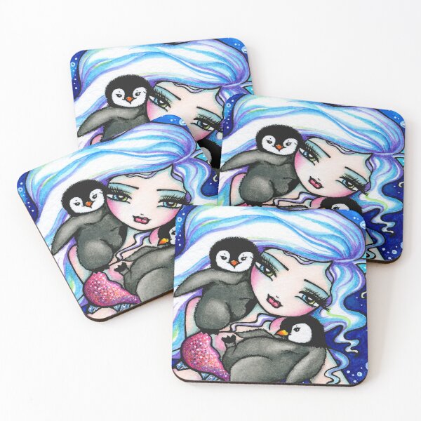 Item preview, Frosty Mermaid with Baby Penguin Friends Whimsical Fantasy Art designed and sold by hannahlynnart.