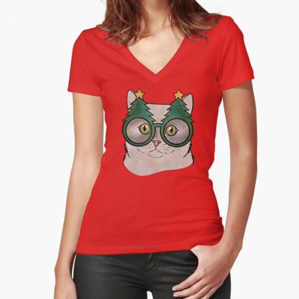 Nette Katze mit Weihnachtsbaumgläsern Tailliertes T-Shirt mit V-Ausschnitt