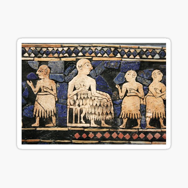 Enthroned Sumerian king of Ur, possibly Ur-Pabilsag, with attendants. Standard of Ur, c. 2600 BC. Sticker