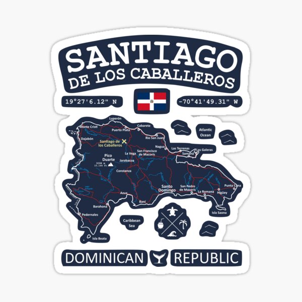Dominican Republic Map Flag Santiago de los Caballeros Coordinates Roads Rivers and Oceans White Sticker