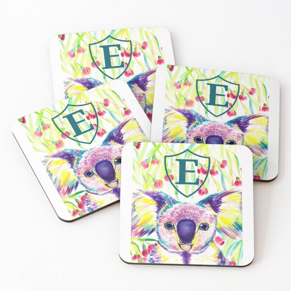 Item preview, Letter E Personalized Rainbow koala in blooming eucalyptus tree designed and sold by orangerinka.