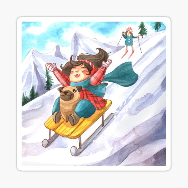 Winter Fun: Girl Sledding in Mountains with her Pug and Mom Sticker